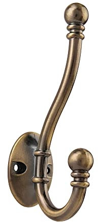 HASWARE 6 PCS Double Prong Robe Hook, Large Dual Coat Hooks with 12 Pieces Screws Wall Mounted Hooks Robe Antique Hooks Hangers Heavy Duty for Home Coats Hat Clothes Hanger Towel Keys (Antique Brass)