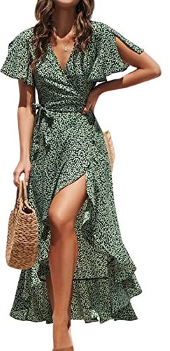 CUPSHE Damen Kleid V Ausschnitt Kurzarm High Low Wickelkleid Rüschensaum Lange Freizeitkleider Sommer Strand Maxi Dress Grün L