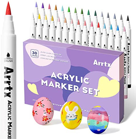 Arrtx marqueur Acrylique, 30 Couleurs peinture, Feutre, Stylos pinceaux pour Roche, œuf de Pâques, Bois, métal, Plastique, Verre, Toile - Non toxique, sans odeur