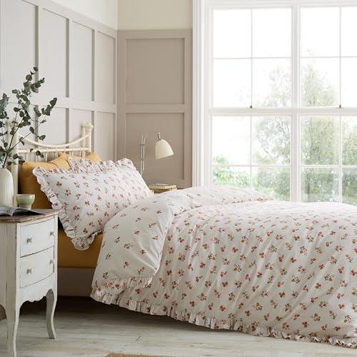 Catherine Lansfield Frill Ditsy Floral Reversible Double Duvet Cover Set with Pillowcases Cream