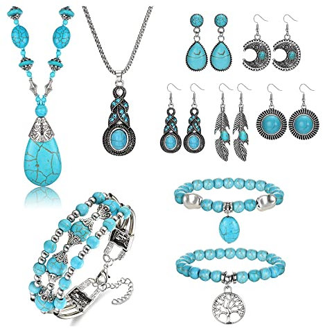 Morfetto Böhmische Türkis Schmuck Set Frauen Western Türkis Anhänger Halskette Schichted Wrap Armreif Armband Türkis Vintage Türkis Türkis baumeln Ohrringe Boho Schmuck Set für Frauen