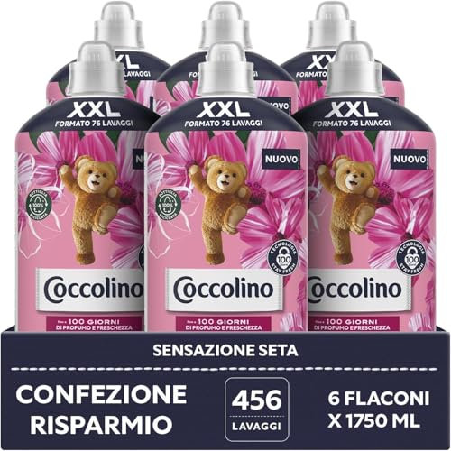 Coccolino Ammorbidente Concentrato Sensazione Seta, Ammorbidente Lavatrice con Tecnologia Stay Fresh, Profumazione alla Rosa, Fiori di Lillà e Pesca, Formato XXL Fino a 456 Lavaggi, 6 Pezzi da 1750 ml