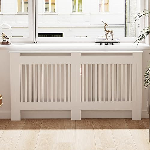 FATIVO Cubierta Alta Blanca Moderna para Radiador: Consola de Madera MDF de 100 cm de Altura Interior, Armario Cubre Radiador, Estante para Calentador (Vertical, 152x19x101 cm)