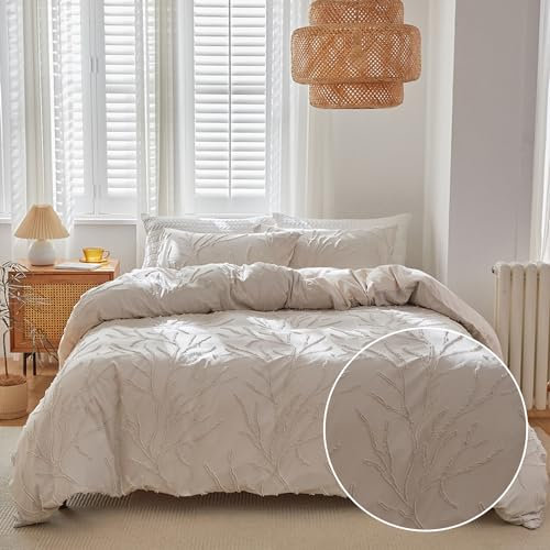 Freyamy Böhmen Bettwäsche 135x200cm 2teilig Beige Getuftet Blumen Zweig Boho Bettwaren-Sets Stickerei Shabby Chic Microfaser Bettbezug mit Reißverschluss und Kissenbezug 80x80cm