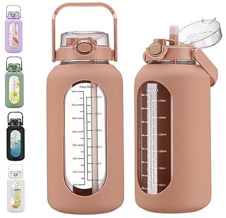 chunmo Borraccia in vetro con cannuccia, da 2,2 l, con indicatore del tempo, borraccia sportiva con custodia in silicone e coperchio con manico, per allenamento in palestra