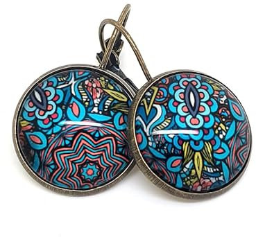Boucles d'Oreilles Dormeuses cabochon verre fleurs feuilles - turquoise, bleu, jaune - Fleurs des Tropiques