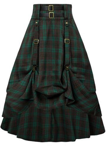 SCARLET DARKNESS Jupe Renaissance élastique taille haute réglable trapèze vintage pour femme, Vert/carreaux, M