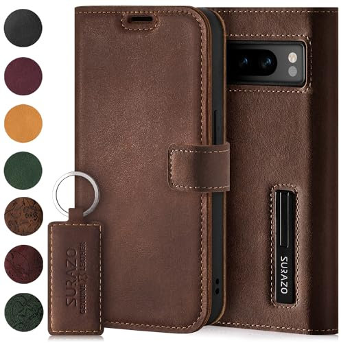 SURAZO Personalisierte Handyhülle für Google Pixel 8 Pro Hülle Leder – Klappbare Echtleder Schutzhülle [Magnet, Kartenfach, RFID Schutz, Standfunktion] Flip Klapphülle Wallet Case Cover Lederhülle