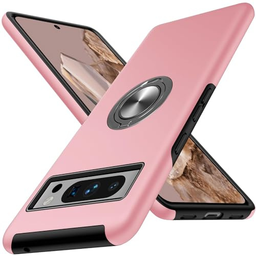 AIOVETEAB Cover per Google Pixel 8 Pro, Protezione Antigraffio Custodia 360° Rotante Anello Supporto Antiurto Militare Compatibile con Google Pixel 8 Pro - Rosa