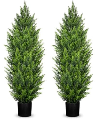 Hollyone 2 cipressi artificiali resistenti ai raggi UV, 1,2 m, con tronchi staccabili, arte topiaria finta decorativa per interni ed esterni, decorazione per la casa, giardino, balcone, patio,