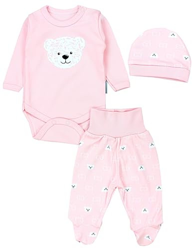 TupTam Baby Mädchen Jungen Bekleidungsset Langarmbody Hose Mütze mit Aufdruck Spruch 3 teilig, Farbe: Bärchen Rosa Weiß Apricot, Größe: 68