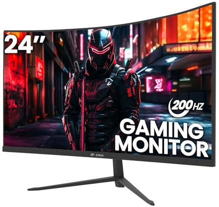 CRUA 24 inch 200Hz/180Hz Curved Gaming Monitor, FHD 1080p, Frameless, Supports AMD Freesync Low Motion Blur, Eye Care, DisplayPort, HDMI, Compatible Wall Installation,