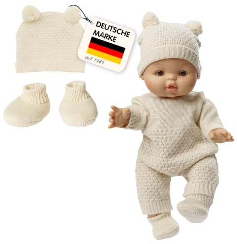 Heless 480 - Puppenkleidung aus 100% Bio-Baumwolle, 2-teiliges Strickset mit Bommelmütze und Strickschuhen in Ecru für Puppen und Kuscheltiere der Größe 35-45 cm