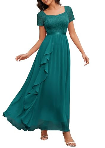 Wedtrend Élégante robe de soirée longue pour mariage, col carré, robe en dentelle, ligne A, robe à volants avec mousseline de soie, Vert paon, XXL