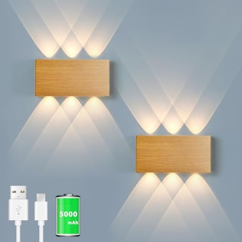 Akku Wandlampe, mit Touch Control Schalter LED Magnetisch Akku Wandleuchte 5200mAh Kabellose Wandlampe 3 Modi Helligkeitsstufen, ideal für Loft Flur Schlafzimmer (2pcs Hölzern)