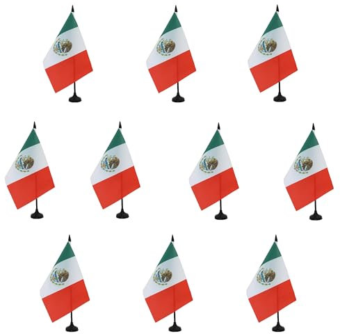 AZ FLAG - Lot de 10 Drapeau De Table Mexique 21x14 cm - 10 Petits Drapeaux Mexicain De Bureau 100% Polyester Avec Hampe De 25cm Et Socle En Plastique Noir