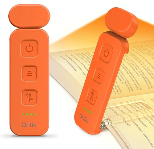 Gritin Leselampe Buch Klemme, Wiederaufladbare Buchlampe mit 7 LEDs, 3 Farbtemperatur & Stufenlos Dimmbare Klemmleuchte mit Extra 5 Helligkeitsstufen Modi, Lange Laufzeit Leselicht -Orange