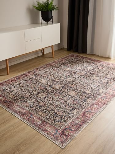 benuta Basic Waschbarer Teppich George - Multicolor/Rot 80x150 cm - Kunstfaser - Rechteckig & im Style: Vintage, Elegant, Retro - Pflegeleicht für Wohnzimmer Schlafzimmer