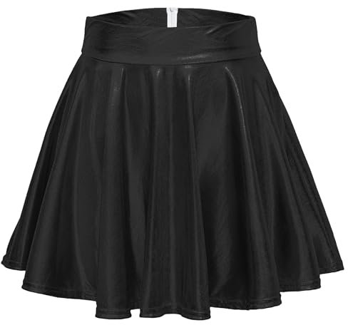 Odosalii Damen Stretch Skater Röcke Informell Mini Glocken Rock Hohe Taille Metallischer Faltenrock, Schwarze, L