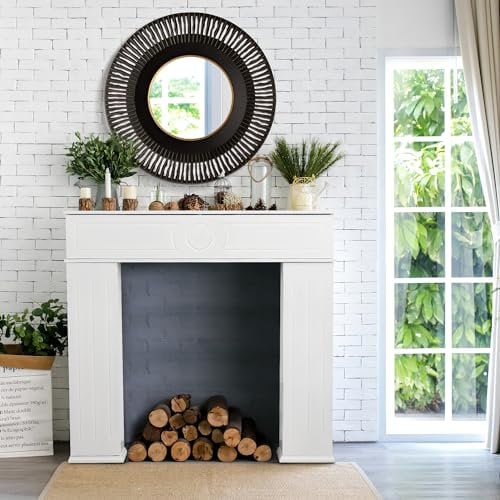 Marco de chimenea, mueble de chimenea 107 x 18 x 100 cm, chimenea decorativa independiente, chimenea decorativa con almacenamiento, capa de chimenea con tres puertas, color blanco