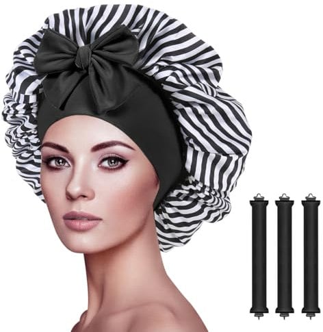 Silk Bonnet with Tie for Sleeping and Heatless Curlers Set, Satin Hair Bonnets for Women and Hair Rollers Curls No Heat, Flexi Curling Overnight Blowout Rods and Sleep Wrap Caps for Curly Hair (Zebra)