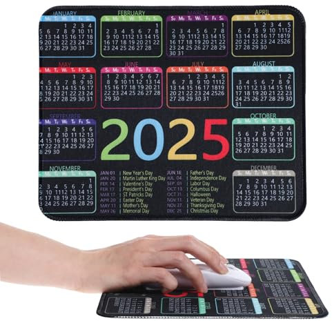 Lnngub Tapis de souris 2025 avec raccourcis, 26 x 21 cm, tapis de souris avec raccourcis clavier Excel, antidérapant et calendrier, tapis de souris en caoutchouc multifonctionnel, noir pour le bureau,