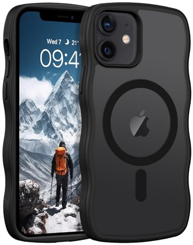 VENINGO Magnetic for iPhone 12 Mini Case, Compatible with MagSafe Matte Translucent Back 360 Full Body Shockproof Wavy Cute Phone Case for iPhone 12 Mini, Black