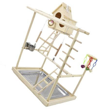 Folpus Vogelspielplatz, Holzständer, zum Aufhängen, 3 Schichten, Kauspielzeug, stehender Vogelsitz, Spielgymnastikständer für Nymphensittiche, Kakadus