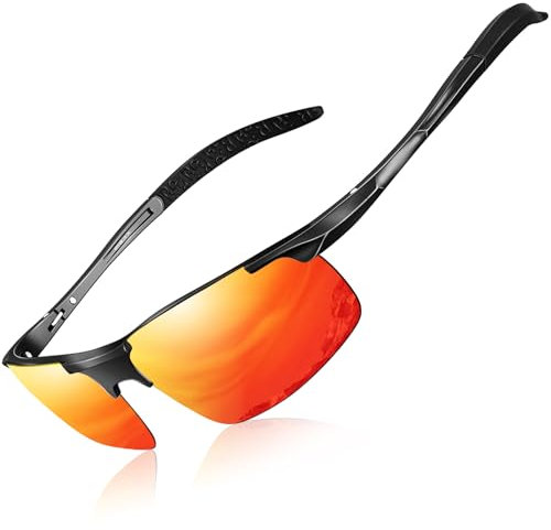 DADA-PRO Sonnenbrille Herren Polarisiert Fahrradbrille Sportbrille Verspiegelt Fahrerbrille mit Metallrahmen Ultraleichte UV400 Schutz 8177 (Rot Neu)