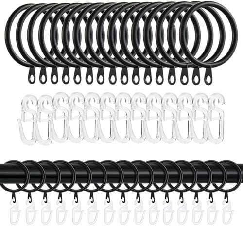 Jizxol Anelli per tende di colore nero, 40 pezzi, anelli per tende in metallo e 40 ganci per tende in plastica, con ganci, per finestre, porte, tenda da doccia per binari, diametro interno 30 mm (nero
