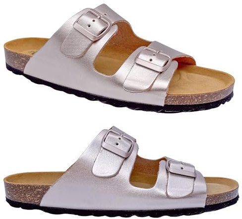 GONKOS®, Sandales Homme Femme Cuir Véritable, Liège Naturel, Mules Femme Homme Cuir, Mules et Sabots de Qualité Fabriquées en Espagne, Couleur Rose Metallise Taille 40