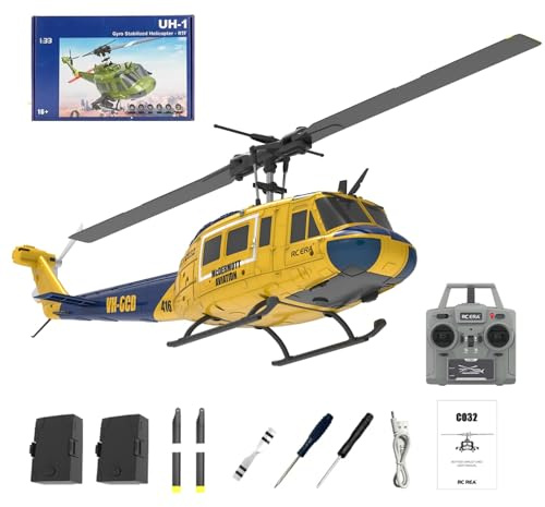 C032 Hélicoptère RC pour adultes, UH-1 Huey 6CH Military Scale Hélicoptère RC acrobatique sans aileron avec vol à l'envers 3D et système de positionnement intelligent pour les passionnés(Yellow)