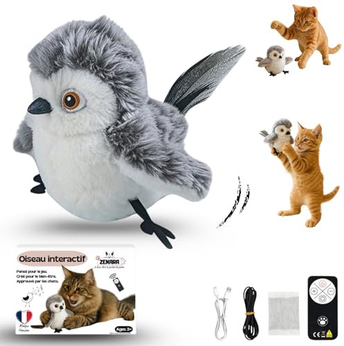 Zenara Jouet pour Chat Interactif Oiseau Volant – Ailes Battantes et Sons Réalistes – Jouet Chat avec Télécommande – Oiseau Gazouillant Rechargeable USB – Herbe à Chat – Anti Stress – Chaton Intérieur