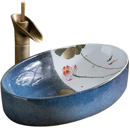 asdchZen Lavabo De Encimera, Lavabo De Baño, Lavabo De Encimera con Estampado De Flor De Loto, Azul
