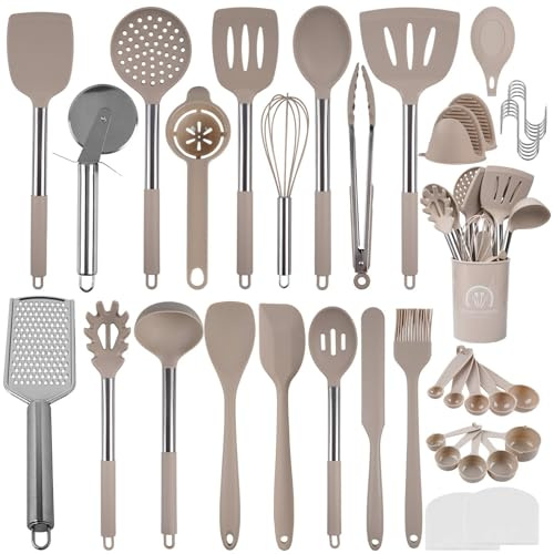 Küchenhelfer Set, Silikon Küchenhelfer 45-teilig, Spülmaschinenfest, Kochutensilien Set mit Utensilienhalter, Antihaft Hitzebeständiger Küchenset, Ideal als Geschenk (Hellbraun)