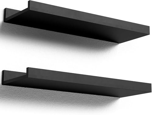 RICHER HOUSE Wandregal Schwarz,120x13 cm, Schweberegal aus MDF Holz,2er Set | Bilderleiste, Wandboard, Regal Wand für Fotorahmen und Dekos, Wohnzimmer, Kinderzimmer, Schlafzimmer, Küche, Badezimmerwand