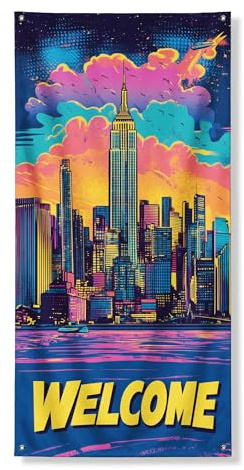 Decorazione per porta con paesaggio urbano in stile rétro, con scritta in lingua inglese Welcome, per interni ed esterni, decorazione per la casa, 91 x 183 cm