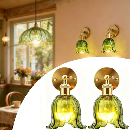 Strixorn Akku Wandleuchte Innen, Wandlampe Vintage 180° Drehbare mit Fernbedienung, 3 Farbtemperaturen, Vintage Metall Wandlampe mit Glas Lampenschirm für Wohnzimmer, Schlafzimmer, Flur (Gelbgrün)