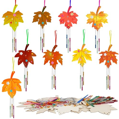 Smdbzda 9 Stück Ahornblatt Windspiel Bastelset, DIY Herbst Windspiel Bastelset Kinder, Ahornblätter Wind-spiel aus Holz, Mit Pinsel/Edelsteinaufkleber, Geschenk für Mädchen Junge Herbst Erntedankfest