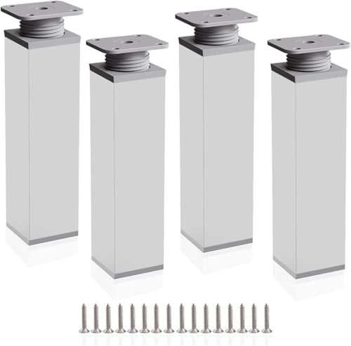 Verstellbare Aluminium-Möbelbeine, 4 Stück, höhenverstellbar, Tischbeine, Schrankfüße, quadratisch (200 mm, mattes Silber), für Stühle, Tische, Kleiderschränke, Sofas