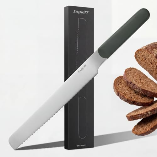 Berghoff Home Couteau à pain 20 cm - Couteau à petits pains en acier inoxydable - Couteaux de cuisine à lame dentelée - couteaux à petit-déjeuner - kaki