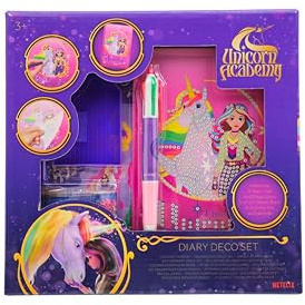 Unicorn Academy Tagebuch & Journal Design Set mit Strass | Kreatives Scrapbook Bastelset für Mädchen ab 3 Jahren | Glitzer Tagebuch mit Stickern, Stift & Diamanten | Unicorn Academy Geschenk