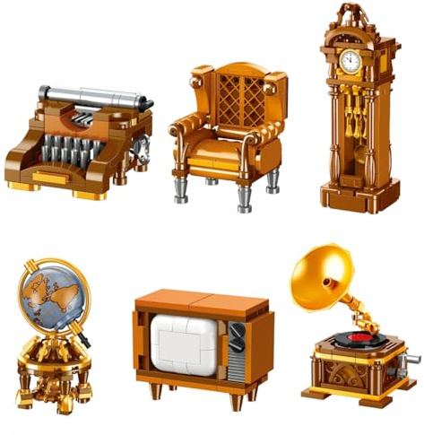 Ebortsin 6er Retro Möbel Bausteine Bausatz, Ideas Bausteine Retro Möbel mit Schreibmaschine, Sofa, Fernseher, Globus, Standuhr, Grammophon, Heim Büro Vintage Dekor Geschenk (465 Teile)