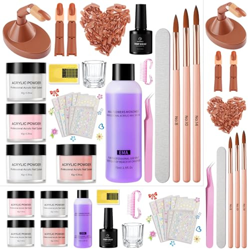 Deciniee Acrylic Nail Kit with Everything for Beginners, 3 Practice Fingers | Nail Starter Kits with 4 Acrylic Powder, Brushes, Top Coat, Stickers & Nail Art Decoration Tools Full Set for Home Salon Gift