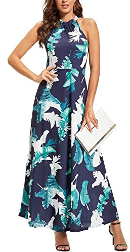 STYLEWORD Women's Floral Print Sleeveless Off Shoulder Elegant Summer Dress Halter Neck Maxi Long Dress (Floral 01,L)