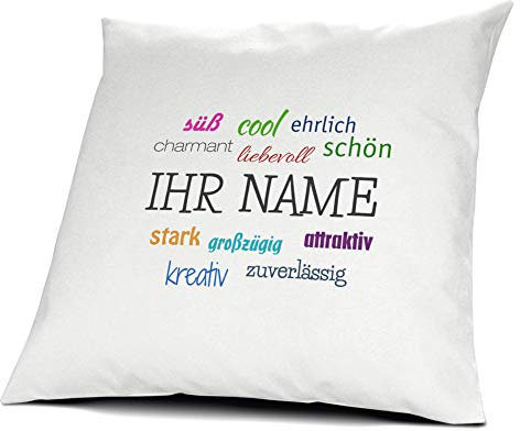 printplanet® Kissen mit Namen personalisiert - 100% Baumwoll Kopfkissen - Motiv Positive Eigenschaften individuell gestalten - Kissenbezug inkl. Füllung - 40 x 40 cm
