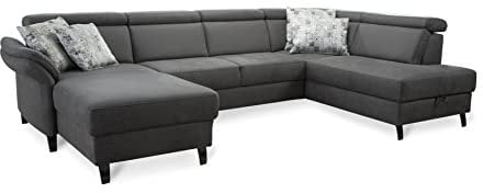 Cavadore Wohnlandschaft Ammerland mit Federkern, U-Form mit Longchair links und Ottomane rechts, inkl. Kopfteilverstellung, 317 x 84 x 193, lederoptik anthrazit