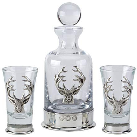 Pewterware Mounted mini Decanter and Two Glasses with Stags Head or Pheasant Motifs (Stag's Head and Antlers)
