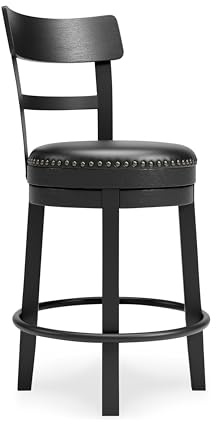 Signature Design by Ashley Valebeck Tall Upholstered Swivel Bar Stool with 360-Degree Swivel and Nailhead Trim, Faux Leather, 30 Seat Height, Black Finish