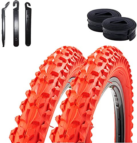 2 x Roverstone 26 Fahrradreifen Fahrradmantel rot 57-559 (26x2,125) + 2 Schläuche DV inkl. 3 Reifenheber
